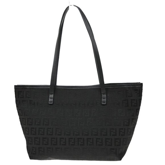 FENDI Logo Zucchino Shoulder Tote Bag Canvas Leather Black SHW Italy 76YH755 - Picture 1 of 14